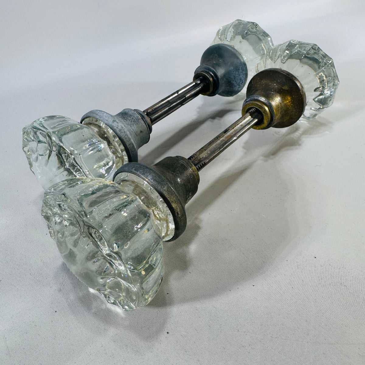 Vintage Glass Doorknob Set Bundle, 4 Fluted Clear Knobs With 2 Threaded Spindles, Antique Door Hardware