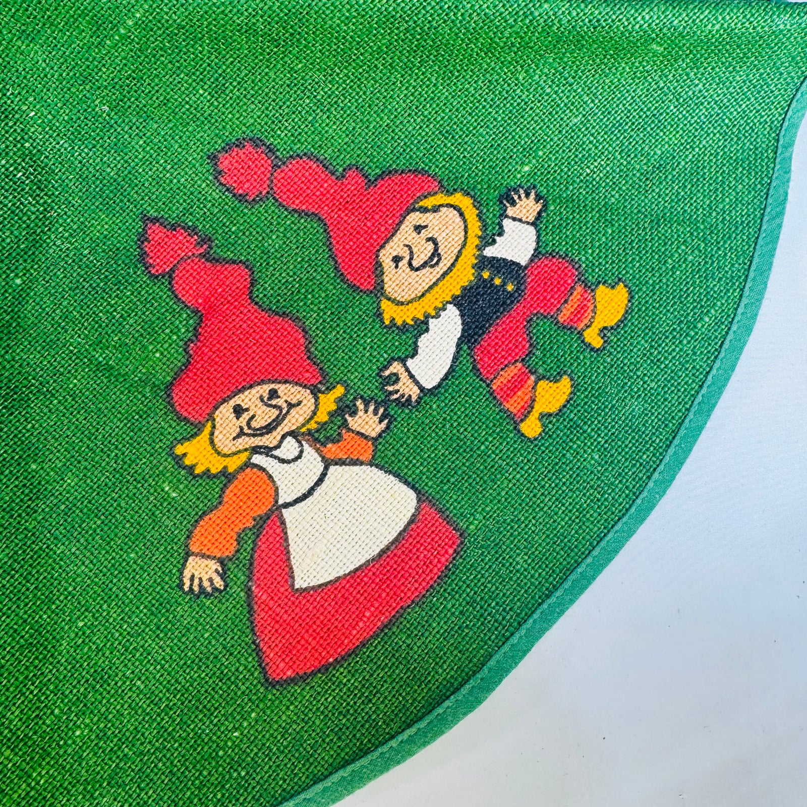 Vintage Scandinavian Jute Christmas Tree Mat, 1970s Green Tomte Gnome Holiday Table Topper, 21.5 Inch