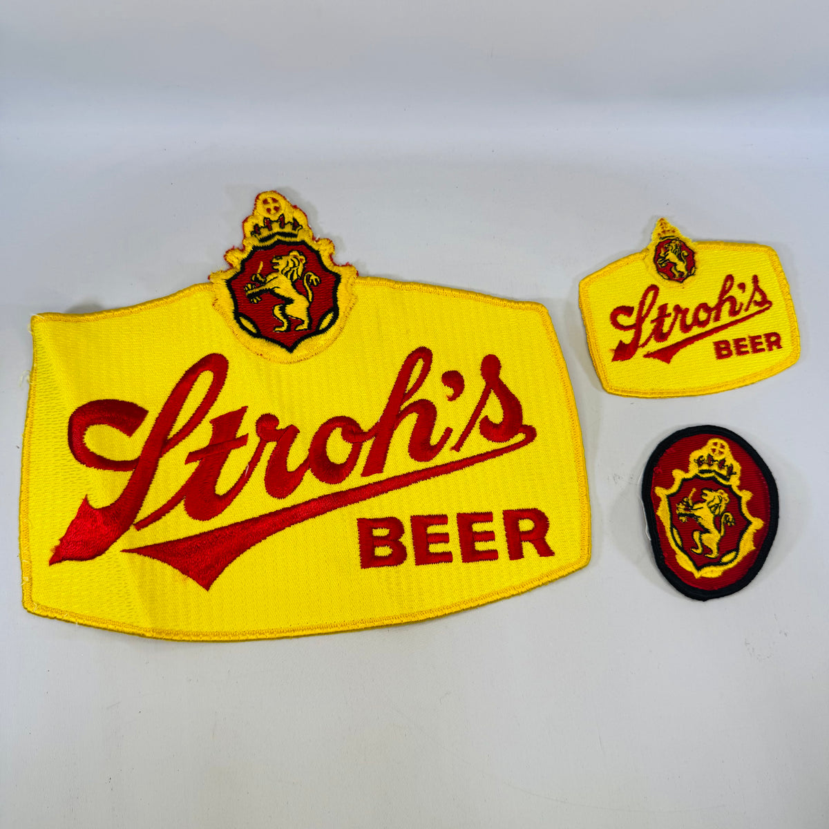 Vintage Stroh’s Beer Patch Bundle, 3 Embroidered Employee Uniform Patches, Large Jacket Back Patch and Crest Badges