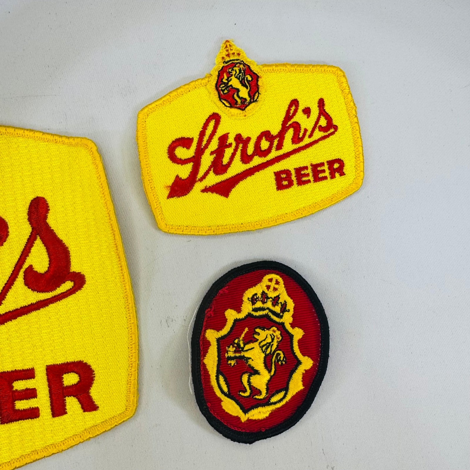 Vintage Stroh’s Beer Patch Bundle, 3 Embroidered Employee Uniform Patches, Large Jacket Back Patch and Crest Badges