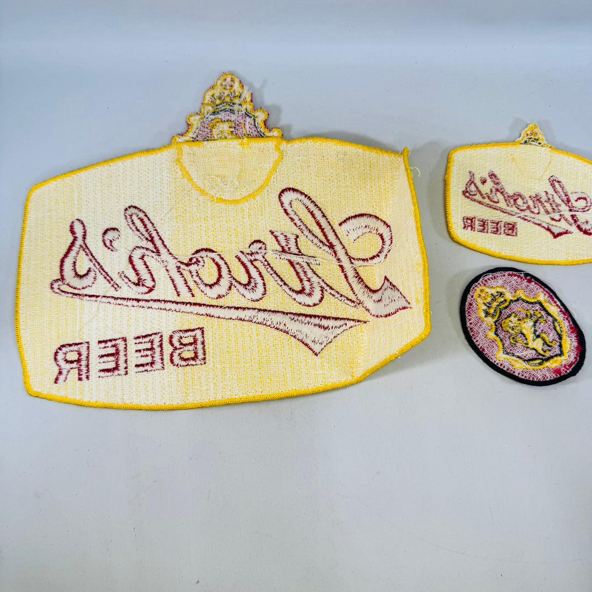 Vintage Stroh’s Beer Patch Bundle, 3 Embroidered Employee Uniform Patches, Large Jacket Back Patch and Crest Badges