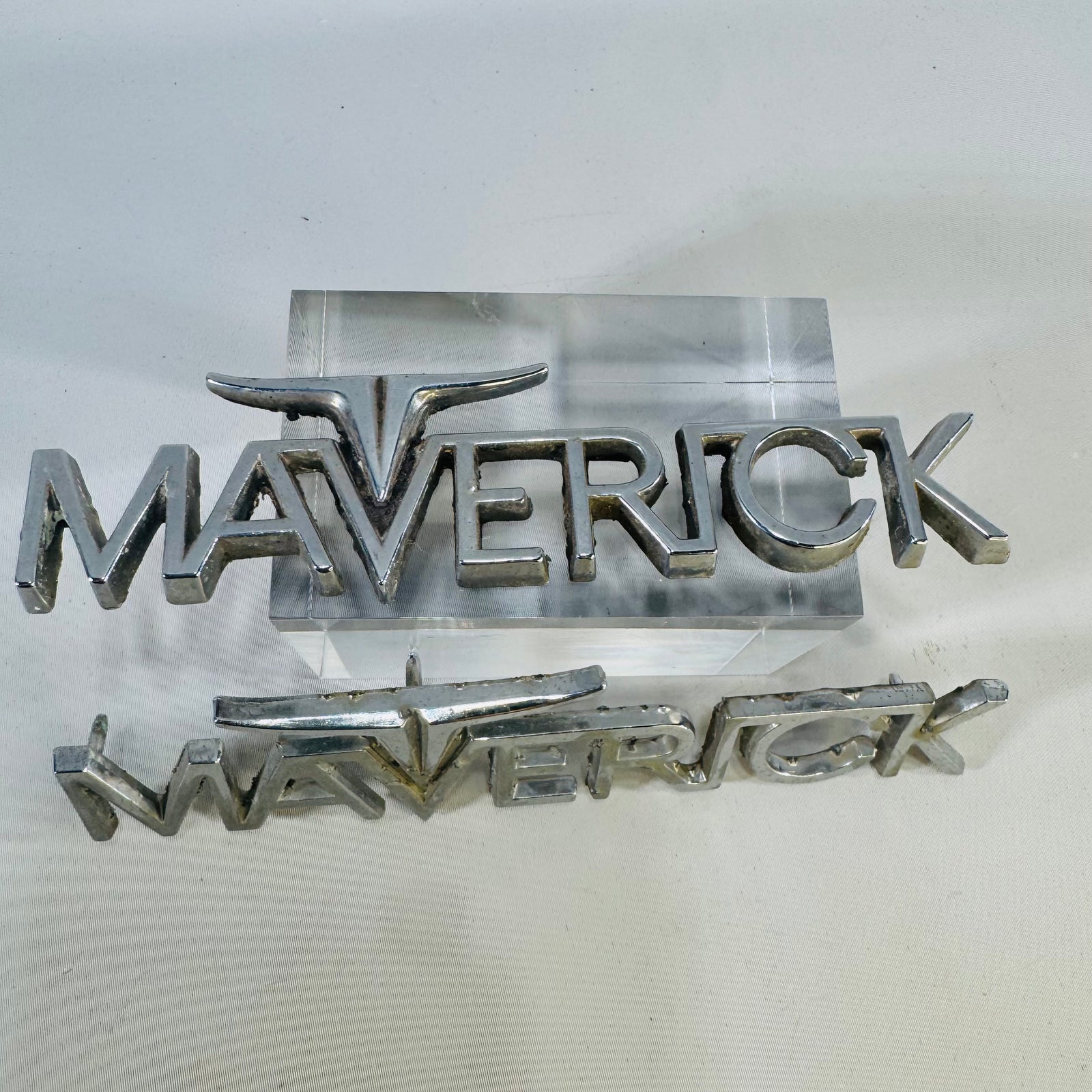 Vintage Ford Maverick Fender Emblem Pair, 1970–74 Chrome Longhorn Badges, Original Used Parts