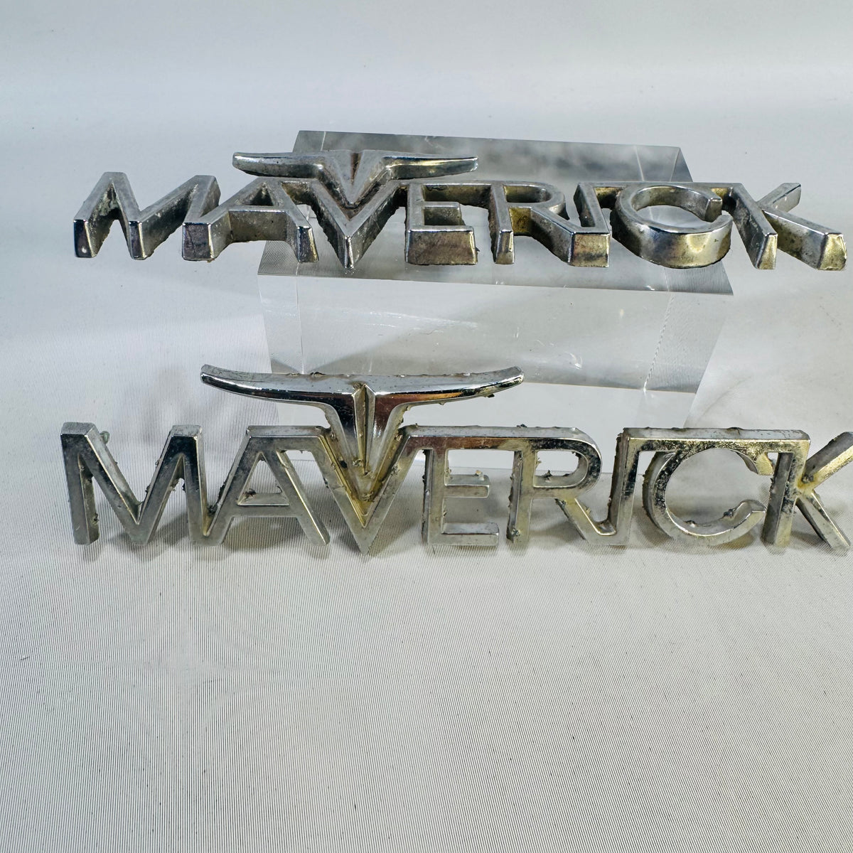 Vintage Ford Maverick Fender Emblem Pair, 1970–74 Chrome Longhorn Badges, Original Used Parts