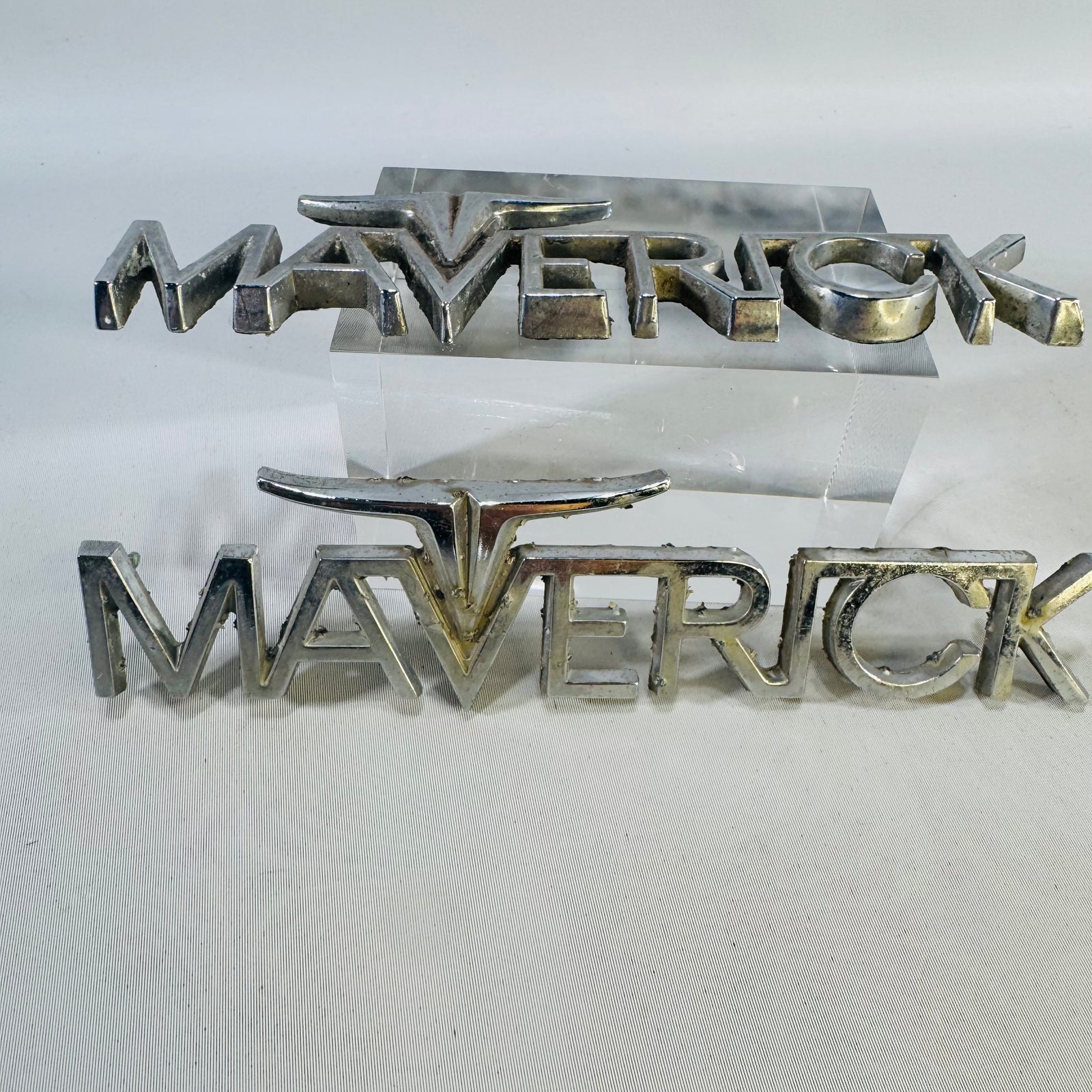 Vintage Ford Maverick Fender Emblem Pair, 1970–74 Chrome Longhorn Badges, Original Used Parts
