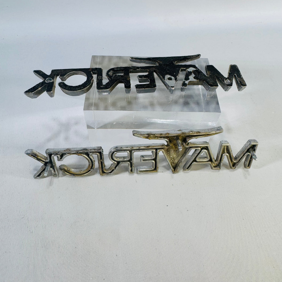 Vintage Ford Maverick Fender Emblem Pair, 1970–74 Chrome Longhorn Badges, Original Used Parts