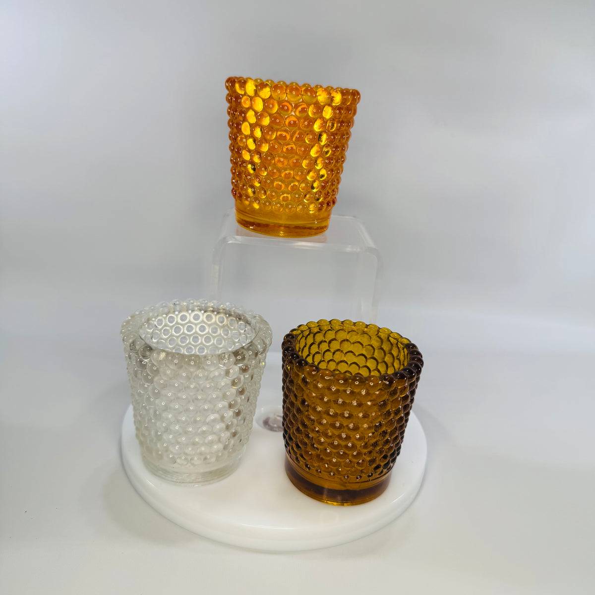 Bundle of 3 Vintage Hobnail Glass Votive Holders – Amber &amp; Clear (2.5” x 2”)