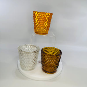 Bundle of 3 Vintage Hobnail Glass Votive Holders – Amber & Clear (2.5” x 2”)