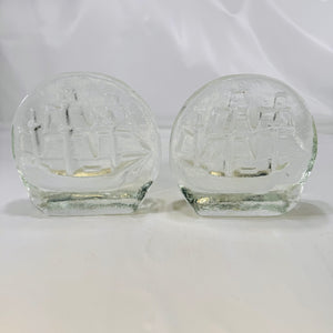 Blenko Glass Sailing Ship Bookends Clear Glass 1970s  Blenko Glass Company Mid-Century Design