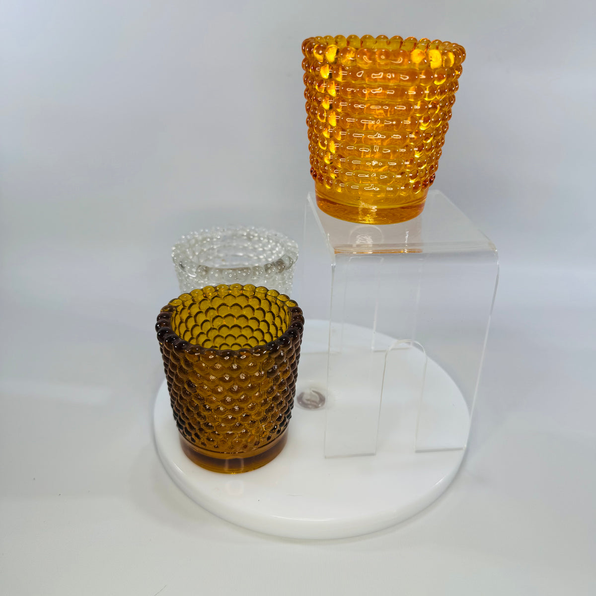Bundle of 3 Vintage Hobnail Glass Votive Holders – Amber & Clear (2.5” x 2”)