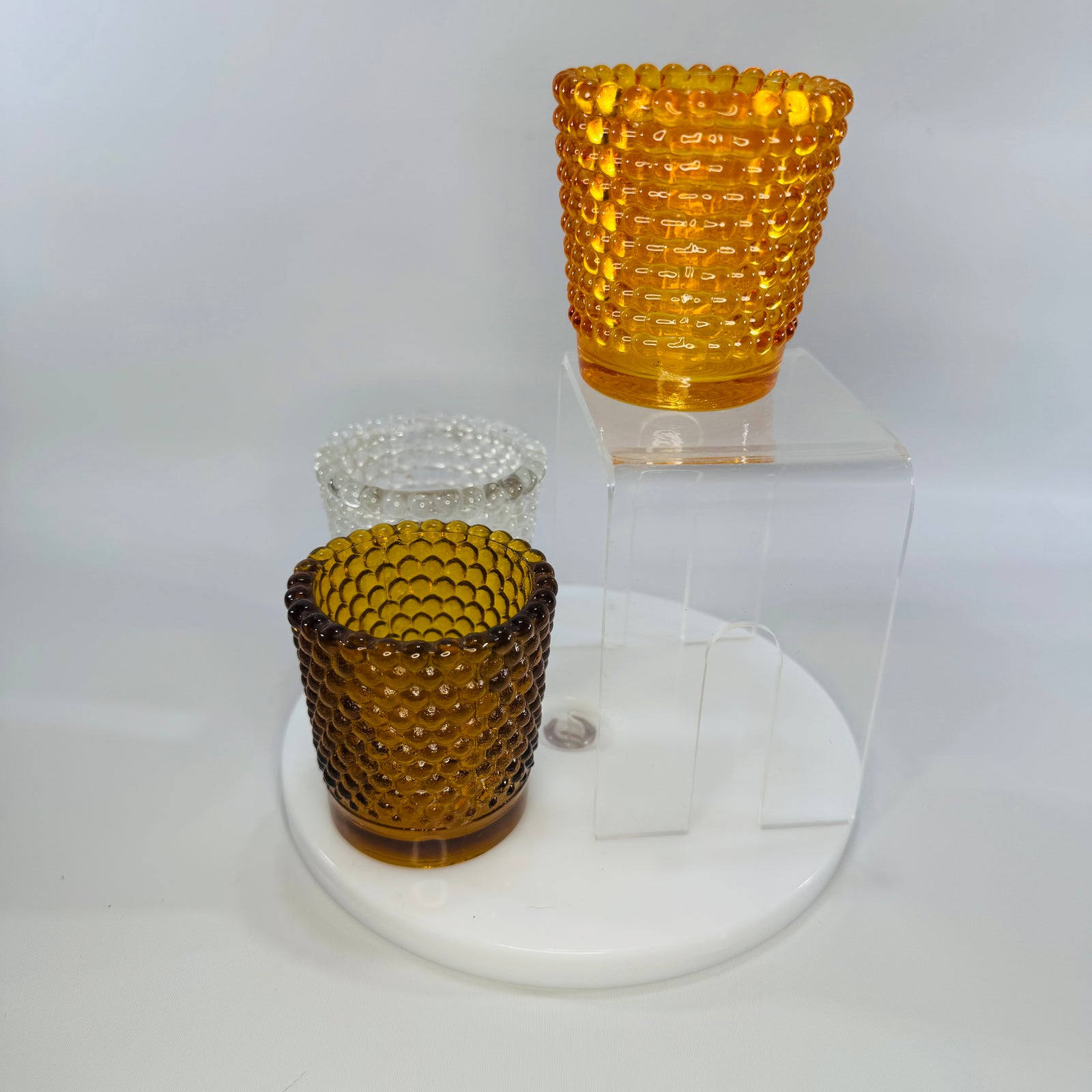 Bundle of 3 Vintage Hobnail Glass Votive Holders – Amber & Clear (2.5” x 2”)