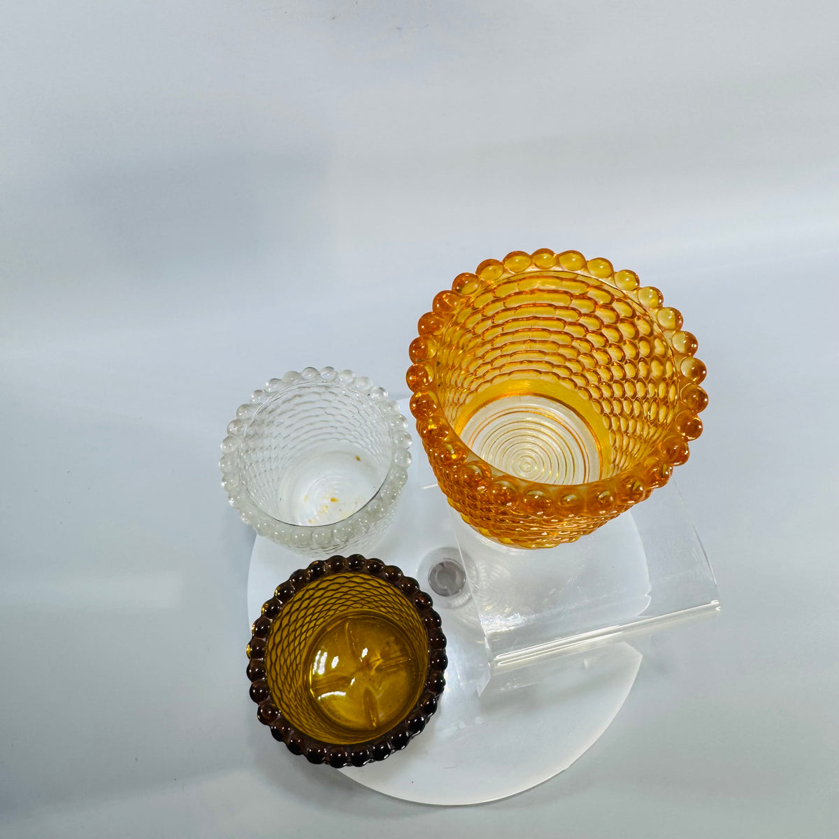 Bundle of 3 Vintage Hobnail Glass Votive Holders – Amber & Clear (2.5” x 2”)