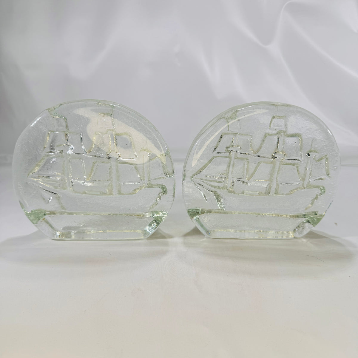 Blenko Glass Sailing Ship Bookends Clear Glass 1970s  Blenko Glass Company Mid-Century Design