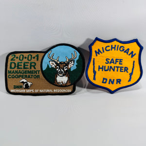 Michigan DNR Patch Set (2) – 2001 Deer Management Cooperator + Michigan Safe Hunter DNR