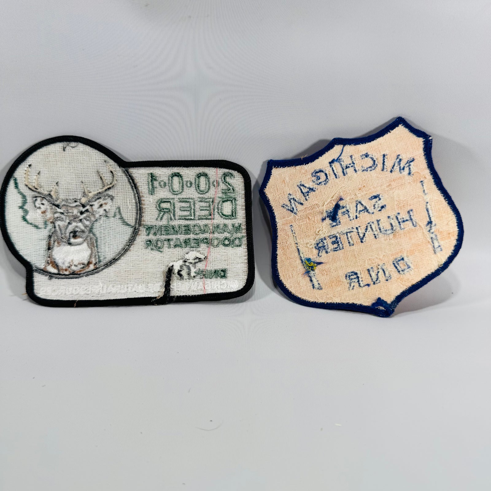 Michigan DNR Patch Set (2) – 2001 Deer Management Cooperator + Michigan Safe Hunter DNR