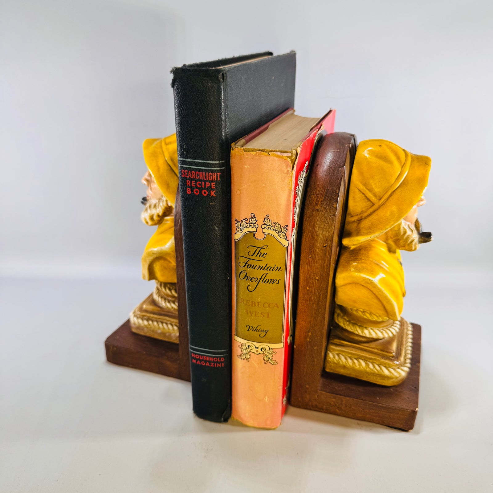 Vintage Fisherman Bookends Pair Old Salt Sea Captain Chalkware Yellow Raincoat Nautical Decor Bundle
