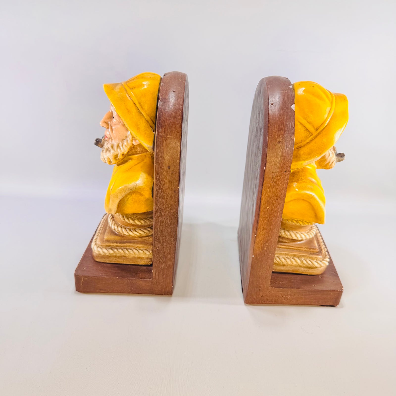 Vintage Fisherman Bookends Pair Old Salt Sea Captain Chalkware Yellow Raincoat Nautical Decor Bundle
