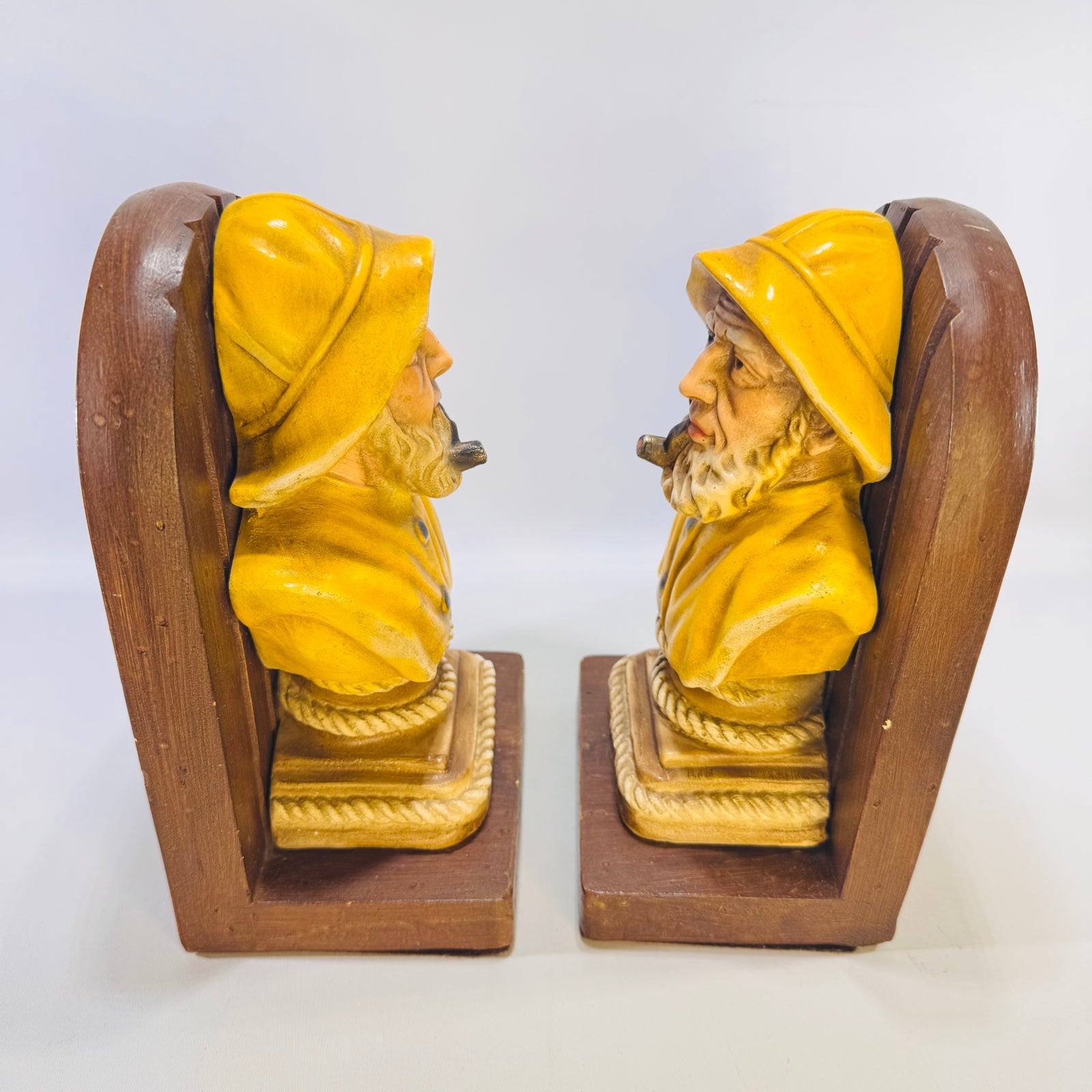 Vintage Fisherman Bookends Pair Old Salt Sea Captain Chalkware Yellow Raincoat Nautical Decor Bundle