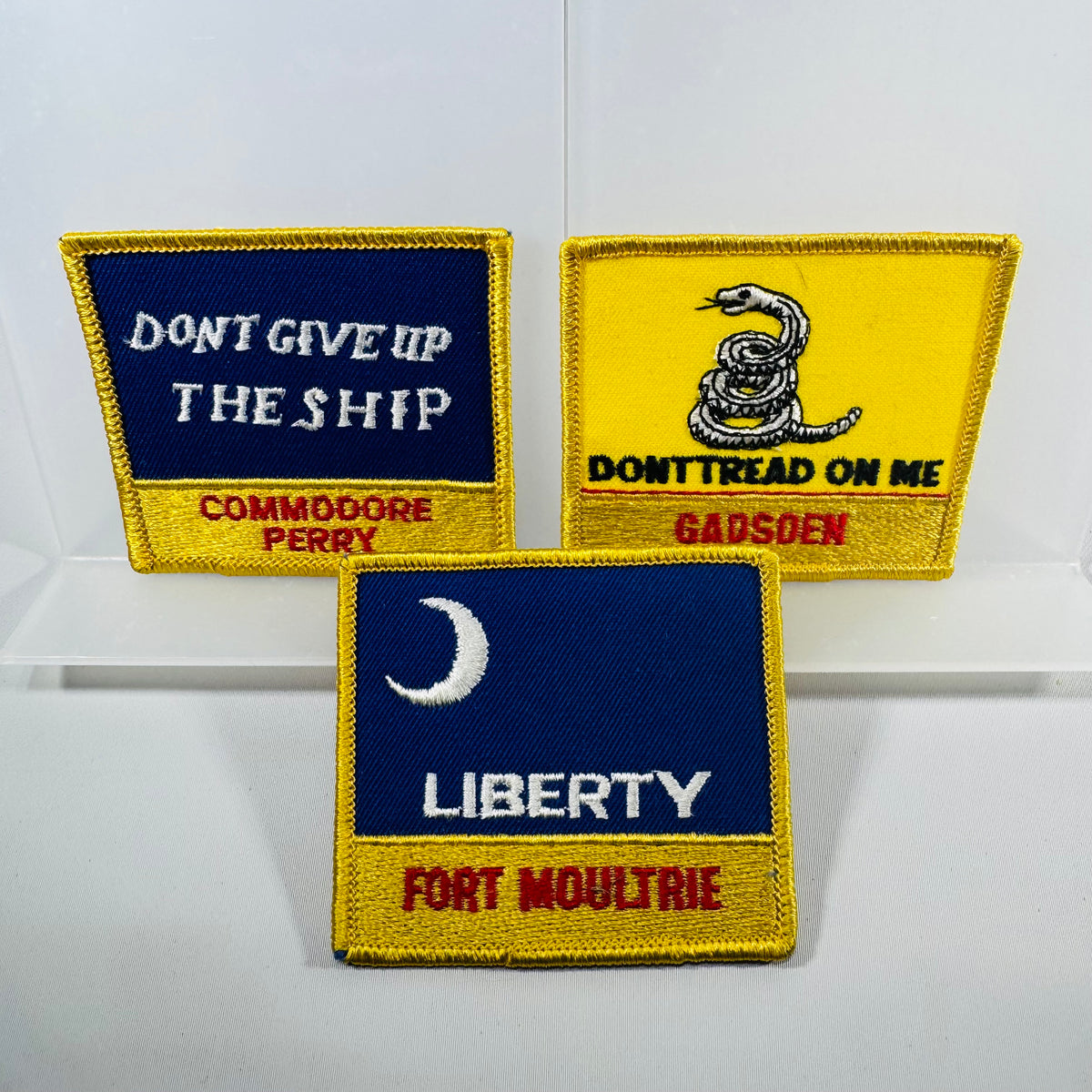 Vintage Historical Flag Patch Set (3) – Gadsden, Commodore Perry, Fort Moultrie (3” x 3”)