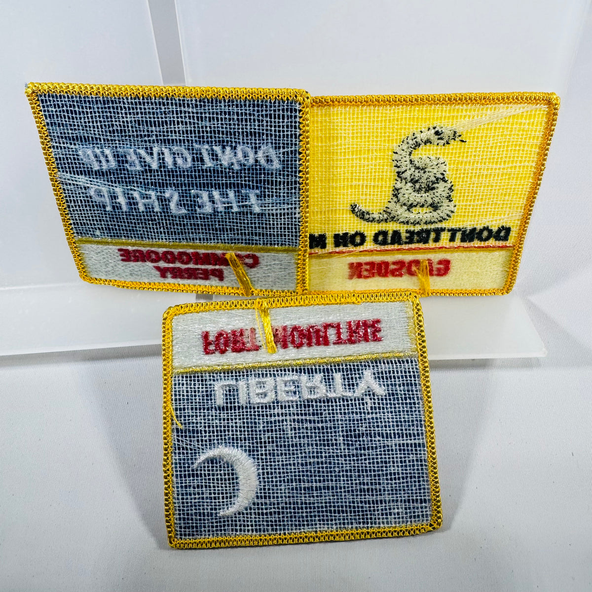 Vintage Historical Flag Patch Set (3) – Gadsden, Commodore Perry, Fort Moultrie (3” x 3”)