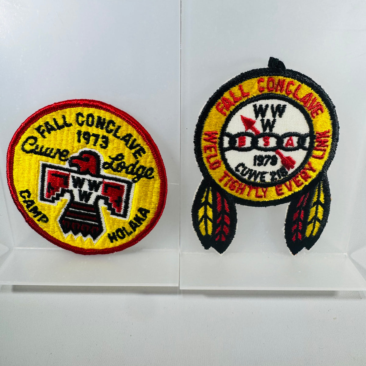 Vintage OA Patch Lot (2) – Cuwe Lodge 218 WWW Fall Conclave 1973 &amp; 1979 – Boy Scouts Order of the Arrow