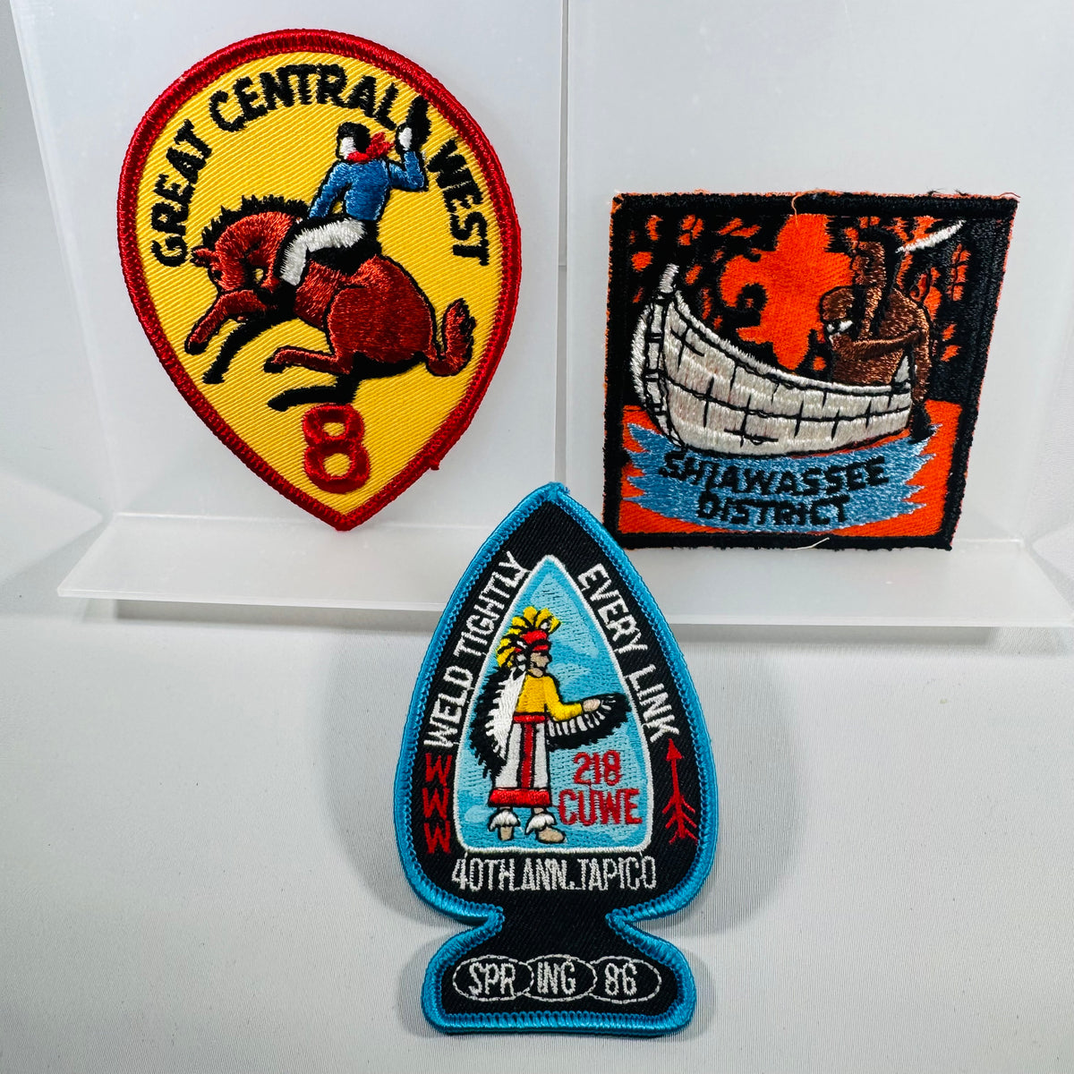 Vintage BSA Patch Lot (3) – Great Central West 8, Shiawassee District, OA Cuwe Lodge 218 Tapico Spring ’88