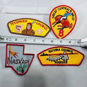 Vintage BSA Council Patch Lot (4) – Naskapi PA, Quivira Council Kansas, Tecumseh Council Ohio 439, Great Central West Region 8
