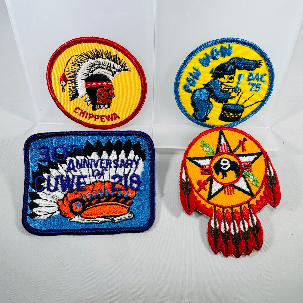Vintage Scout Patch Lot (4) – Chippewa, CUWE 218 30th Anniversary, DMC 75 “CW WOW”, #9 Star Buffalo Patch