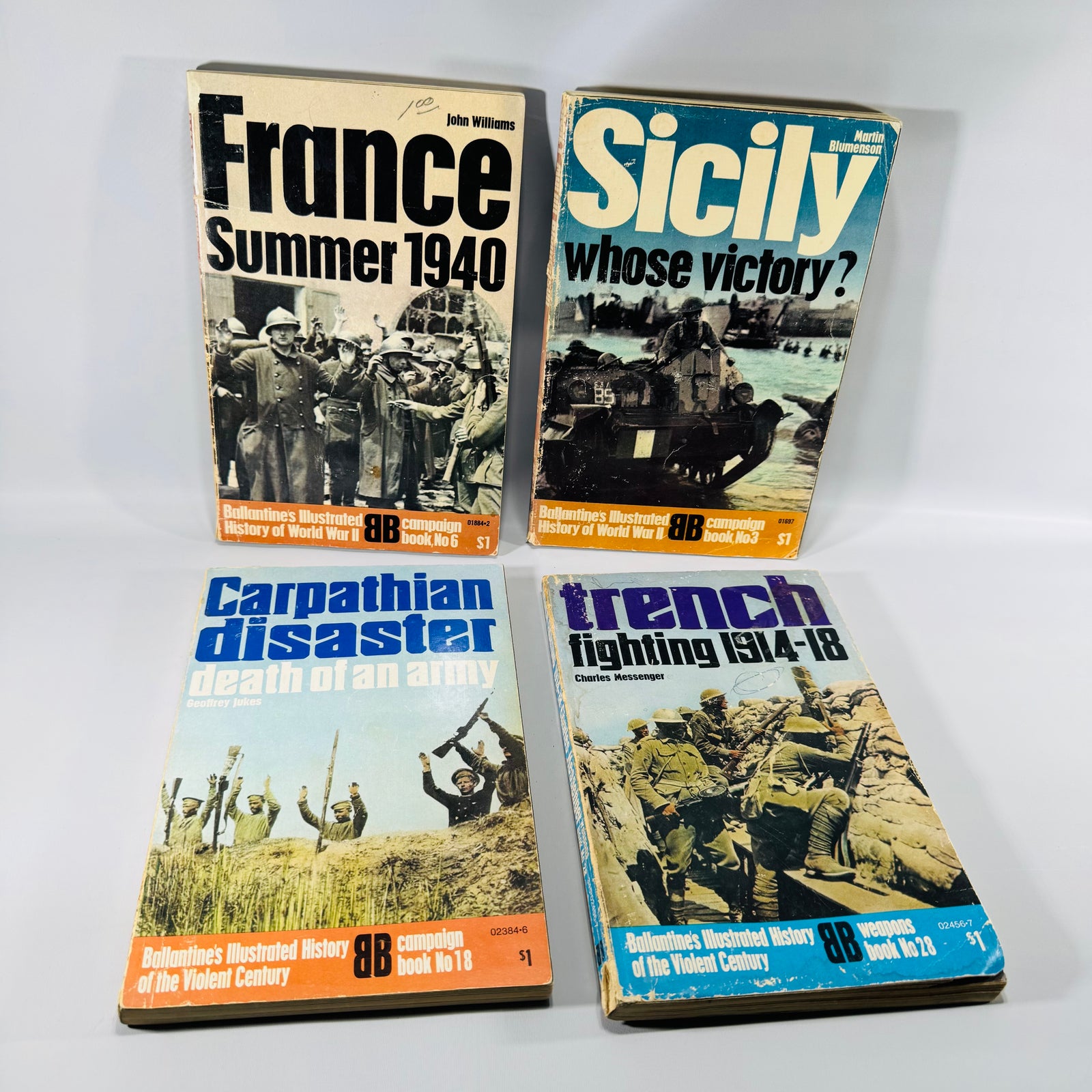 Vintage Military History Paperback Lot — Ballantine Illustrated WWII & WWI (1968–1971) — 4 Vols | France 1940, Sicily, Carpathian Disaster, Trench Fighting