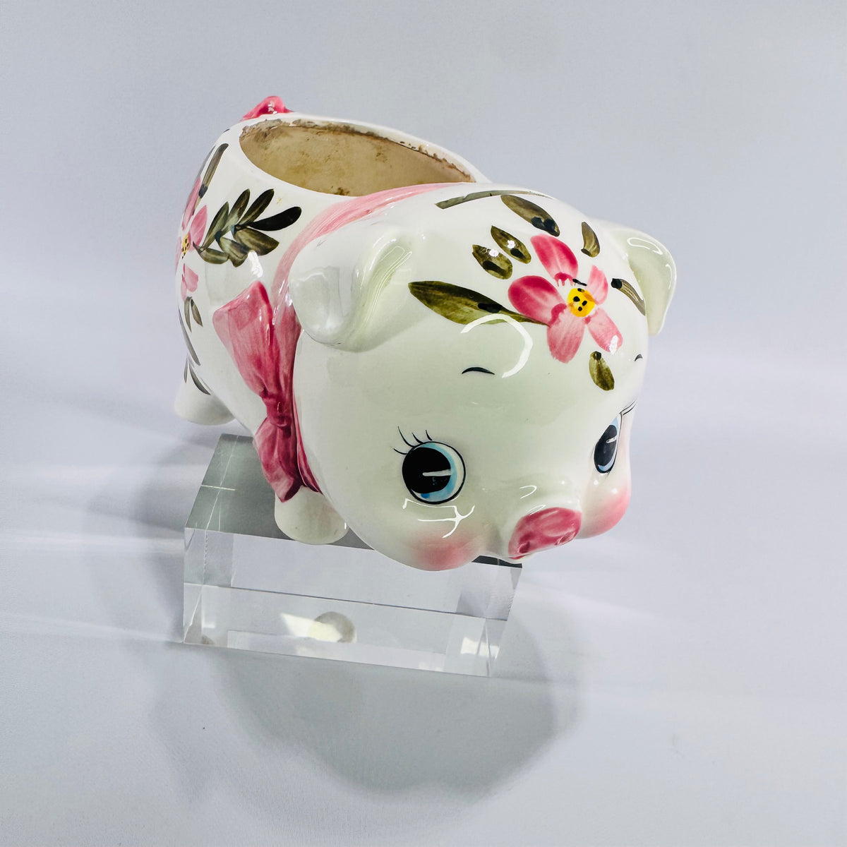 Vintage Relpo Piggy Bank Planter 1965 Samson Import Pink Floral Ceramic Pig