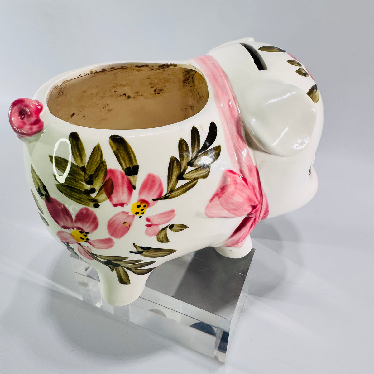Vintage Relpo Piggy Bank Planter 1965 Samson Import Pink Floral Ceramic Pig