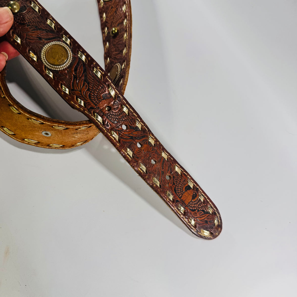 Vintage Indian Head Penny Western Leather Belt Tooled Brown Buckstitch Coin Conchos