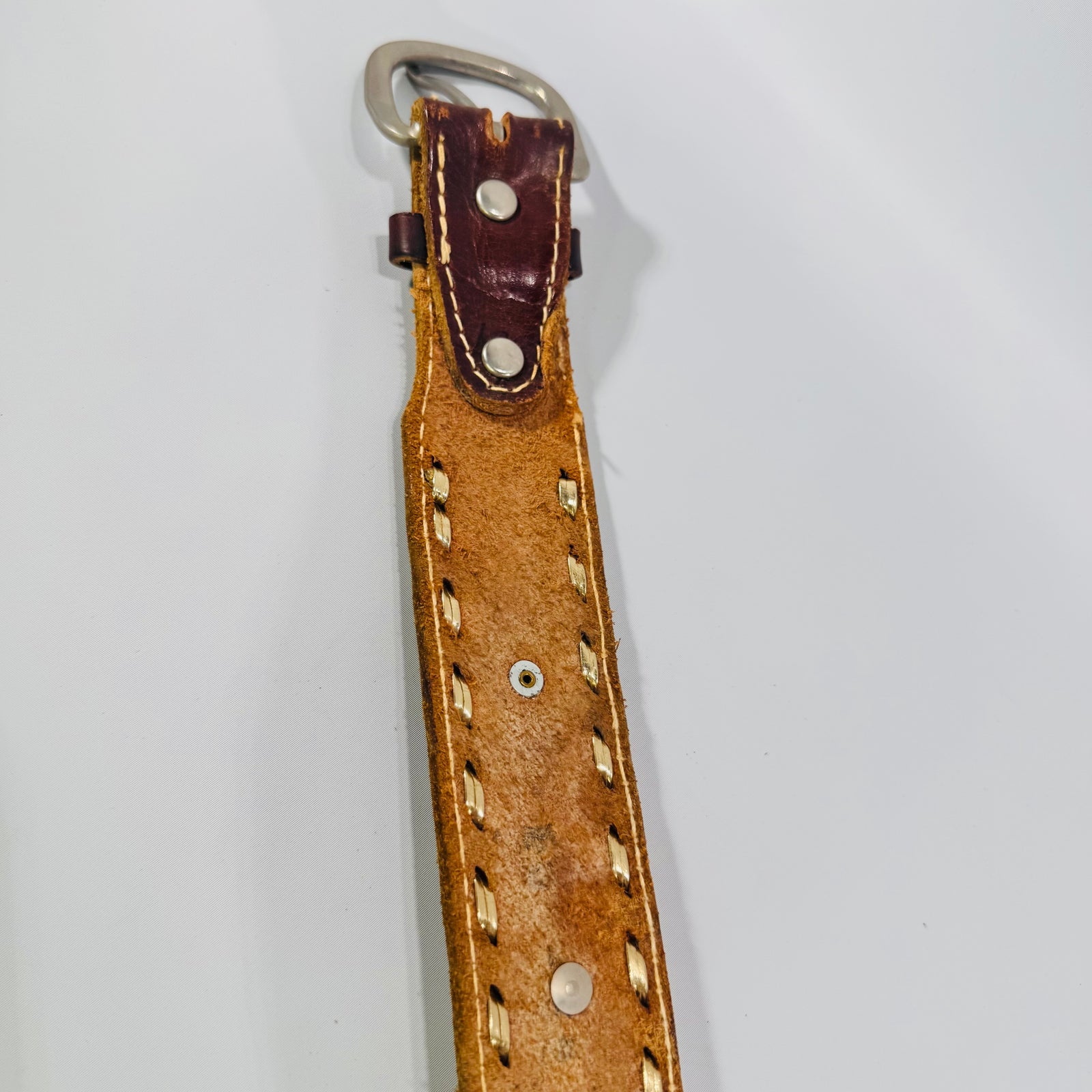 Vintage Indian Head Penny Western Leather Belt Tooled Brown Buckstitch Coin Conchos