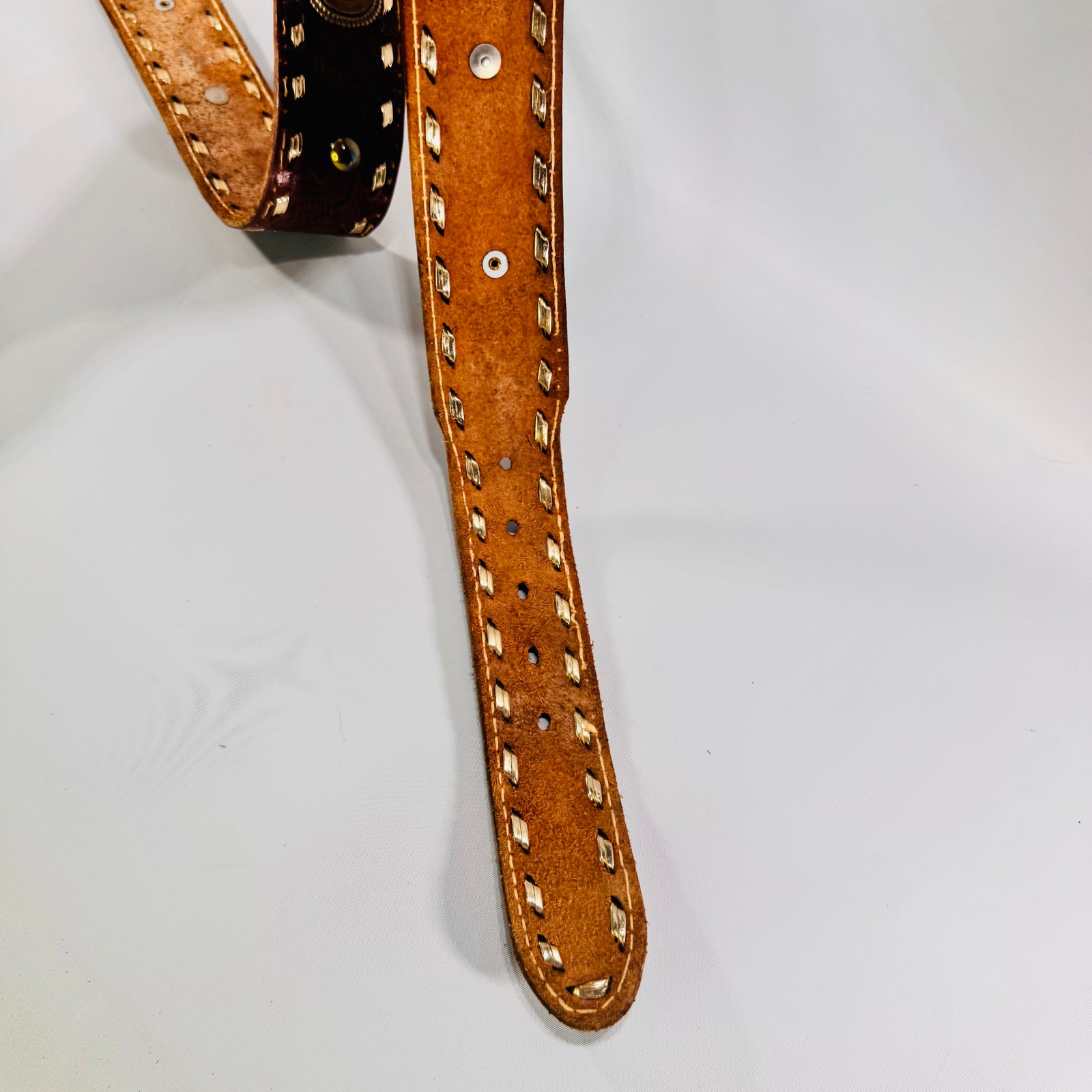 Vintage Indian Head Penny Western Leather Belt Tooled Brown Buckstitch Coin Conchos
