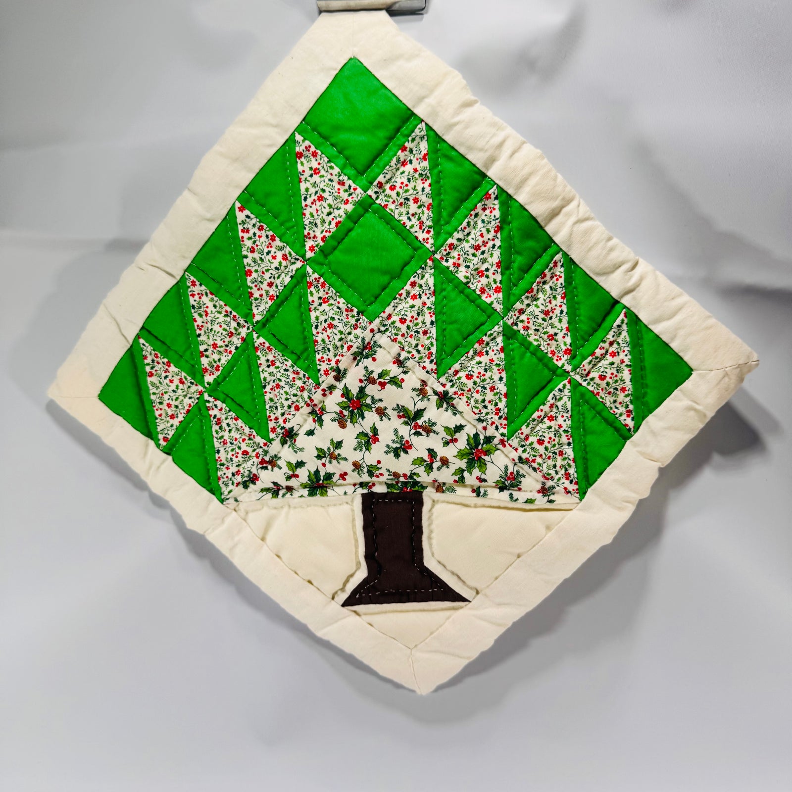 Handmade Christmas Tree Quilted Potholder Vintage Green Calico Holiday Hot Pad