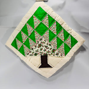 Handmade Christmas Tree Quilted Potholder Vintage Green Calico Holiday Hot Pad