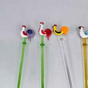 Vintage Glass Rooster Swizzle Sticks Bundle Murano Style Cocktail Stirrers Set of 5