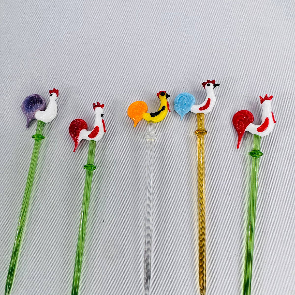 Vintage Glass Rooster Swizzle Sticks Bundle Murano Style Cocktail Stirrers Set of 5