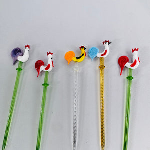 Vintage Glass Rooster Swizzle Sticks Bundle Murano Style Cocktail Stirrers Set of 5