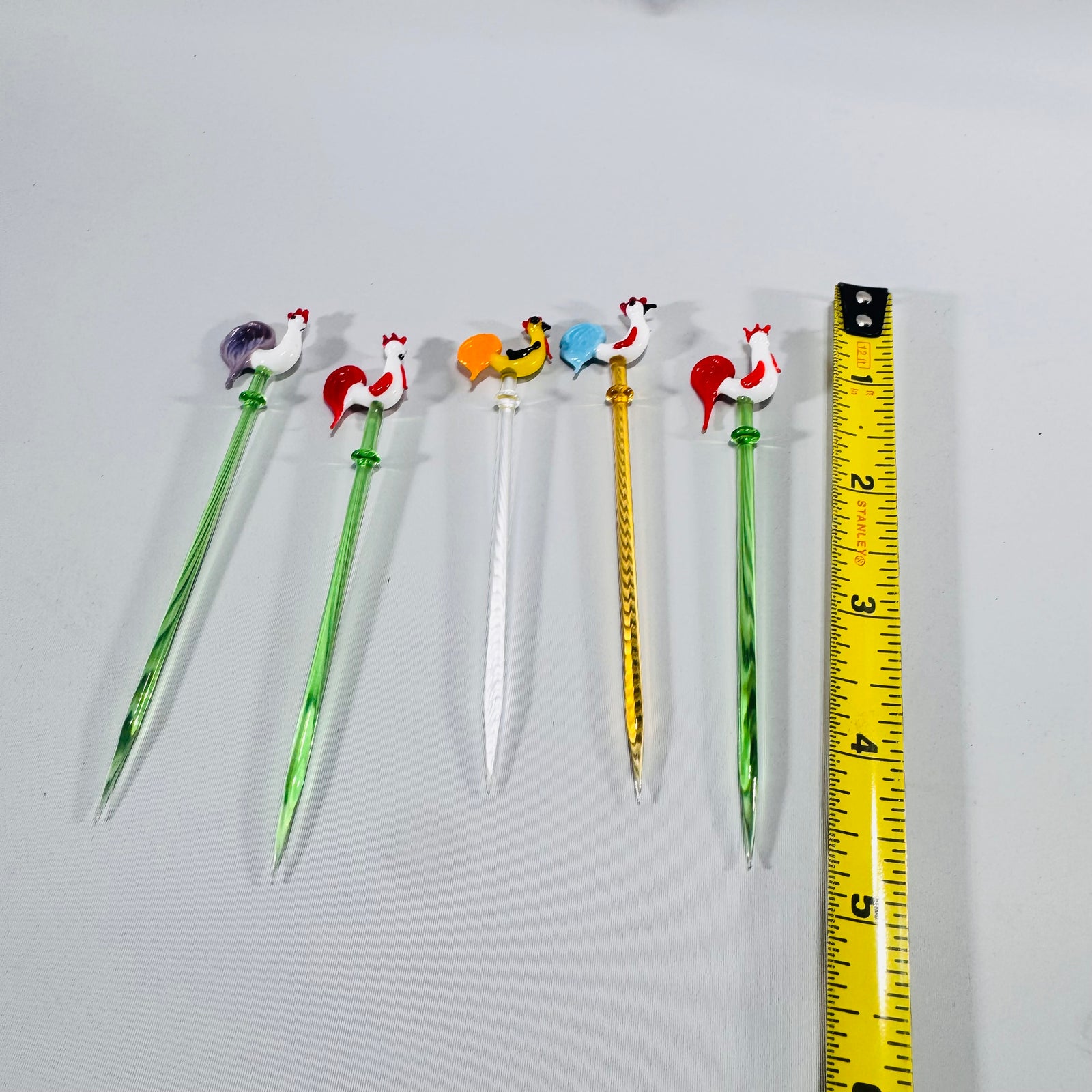 Vintage Glass Rooster Swizzle Sticks Bundle Murano Style Cocktail Stirrers Set of 5