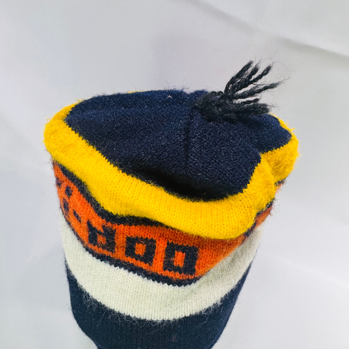 Vintage Ski-Doo Knit Beanie 1970s Snowmobile Winter Hat Navy Yellow Orange Toque