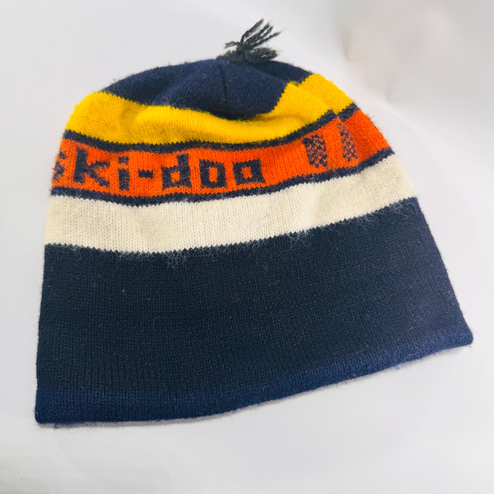 Vintage Ski-Doo Knit Beanie 1970s Snowmobile Winter Hat Navy Yellow Orange Toque