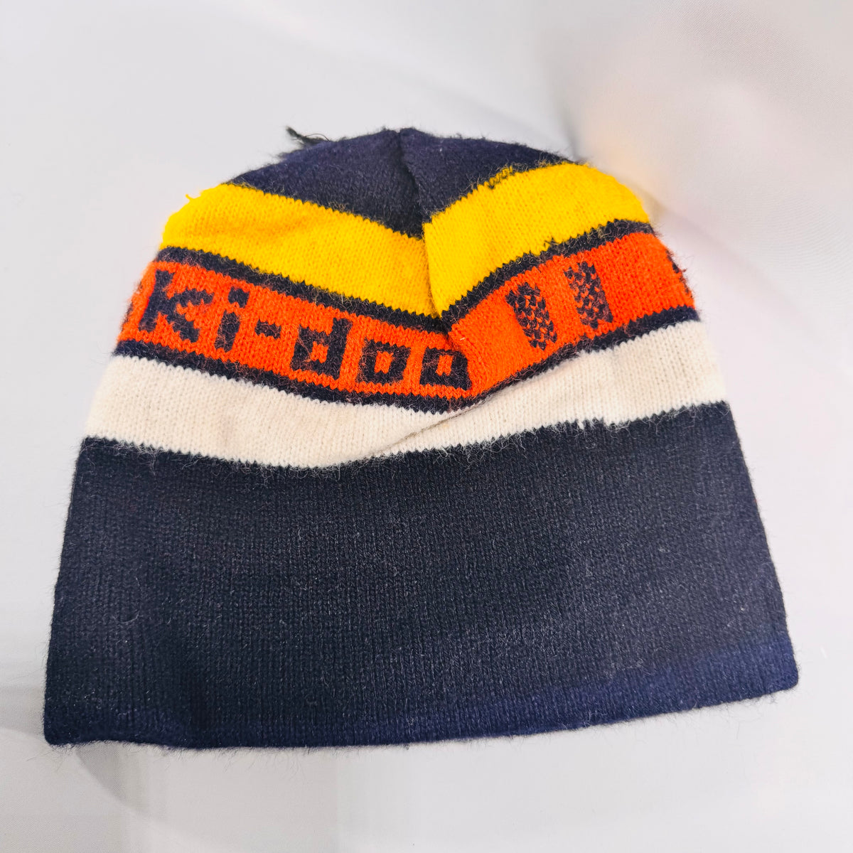 Vintage Ski-Doo Knit Beanie 1970s Snowmobile Winter Hat Navy Yellow Orange Toque