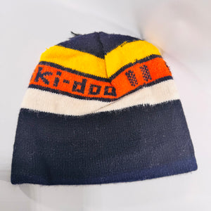 Vintage Ski-Doo Knit Beanie 1970s Snowmobile Winter Hat Navy Yellow Orange Toque