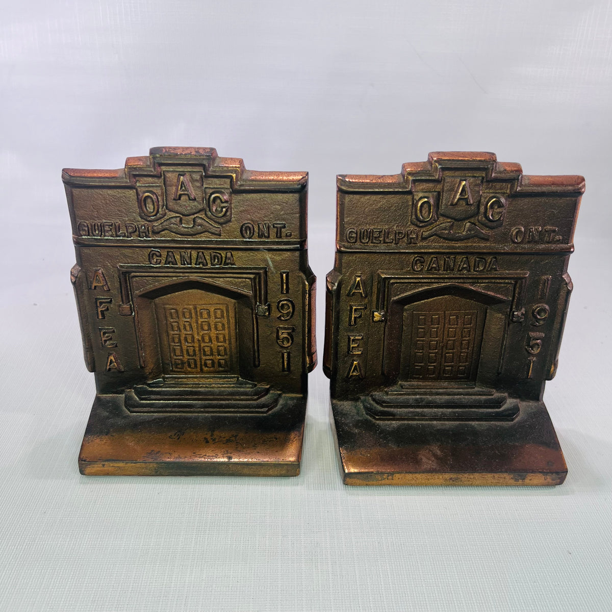 Rare Ontario Agricultural College Presentation Piece Souvenir Building Bookends Bronze over Metal