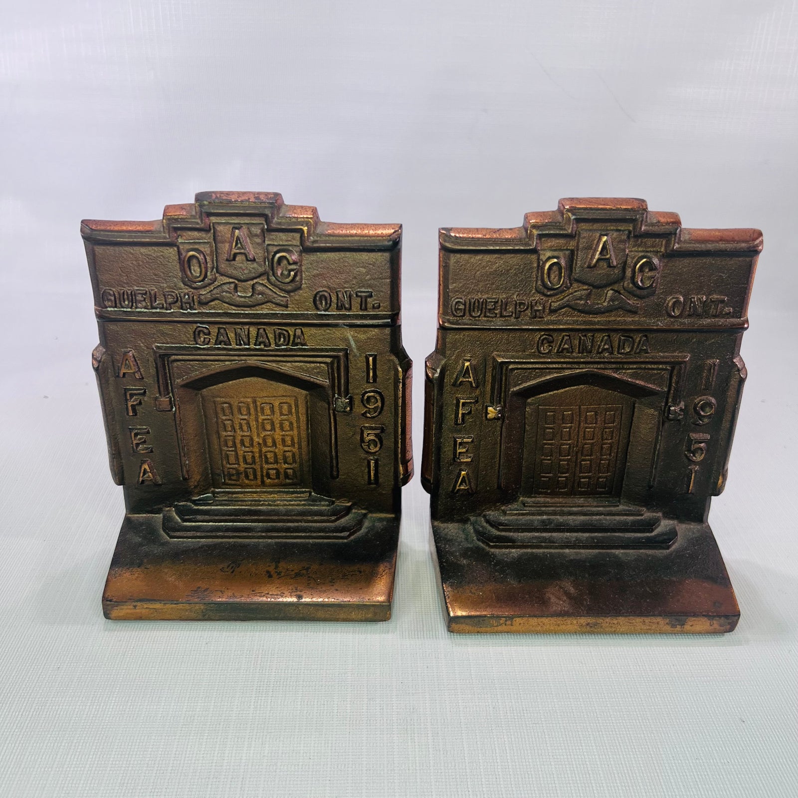 Rare Ontario Agricultural College Presentation Piece Souvenir Building Bookends Bronze over Metal