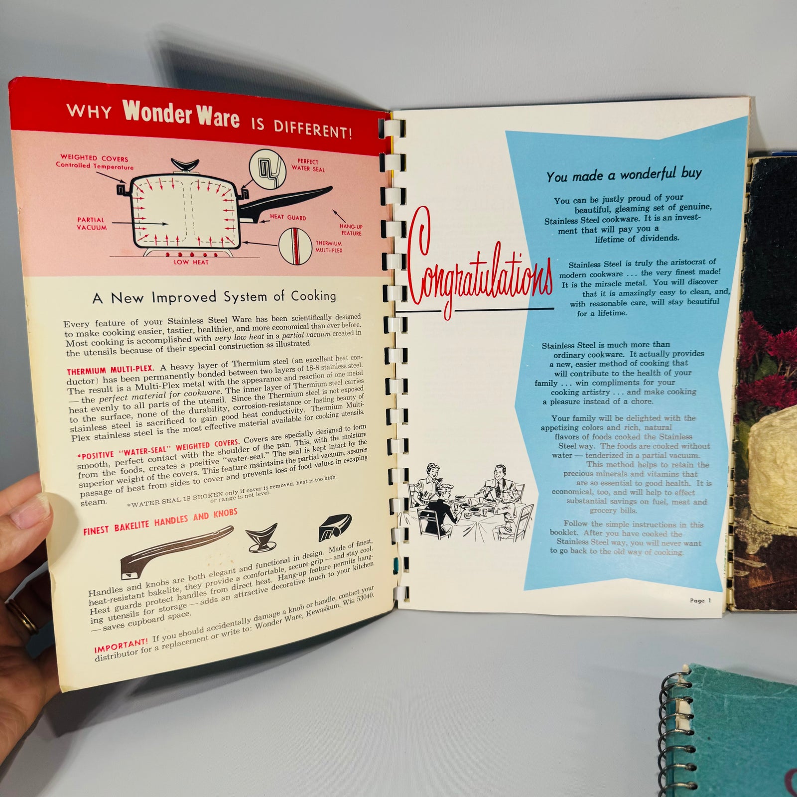 Three vintage cookbooks bundled together: Wonder Ware stainless steel cookware booklet, Jelke’s Good Luck Recipes booklet, and a teal spiral-bound typewritten cookbook on a white background.