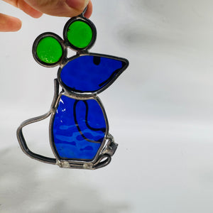 Stained Glass Mouse Suncatcher / Ornament — Blue & Green Glass Mouse — 5" x 3" Whimsical Window Hanging
