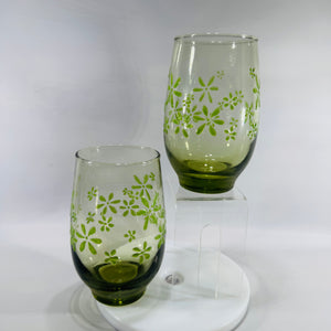 Vintage Libbey “Mint Bouquet” (Mint Daisy) Green Floral Glasses — Mid-Century Modern (circa 1966+) — Set of 2 | Olive/Avocado Glass, Mid-Century Glassware