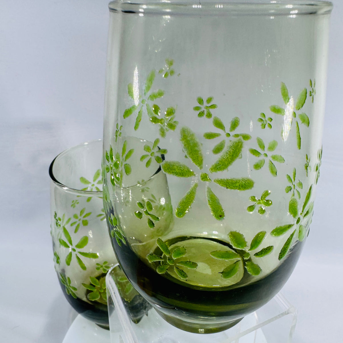 Vintage Libbey “Mint Bouquet” (Mint Daisy) Green Floral Glasses — Mid-Century Modern (circa 1966+) — Set of 2 | Olive/Avocado Glass, Mid-Century Glassware