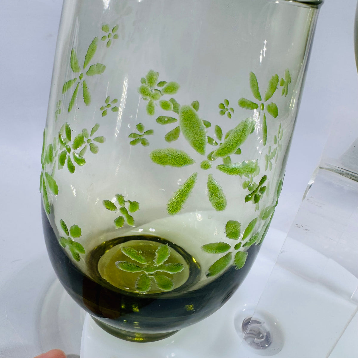 Vintage Libbey “Mint Bouquet” (Mint Daisy) Green Floral Glasses — Mid-Century Modern (circa 1966+) — Set of 2 | Olive/Avocado Glass, Mid-Century Glassware